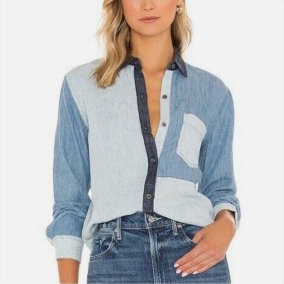 Rails Ingrid Blue Patchwork Lyocell Linen Ramie Blend Shirt Modern Boho Coastal - Picture 1 of 11